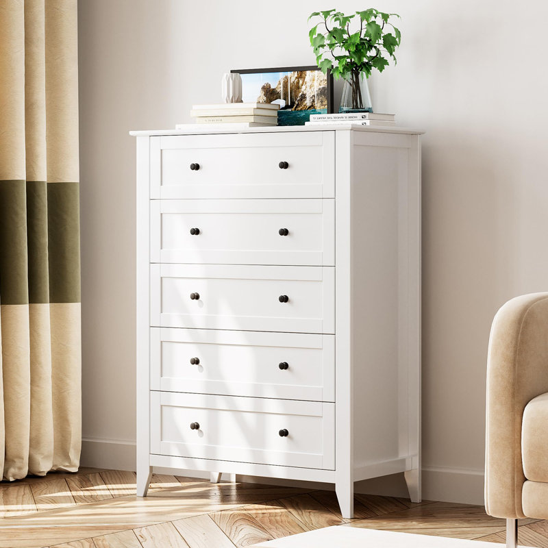 5-Drawer Tall Dresser with Deep Drawers & Metal Knobs, Modern Wood Chest, White