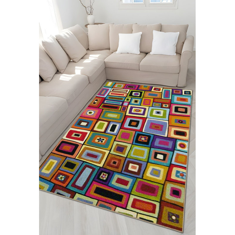 Tapis géométrique multicolore à motif carré entrelacé et lavable à la machine, Carré 3 pi 3 po