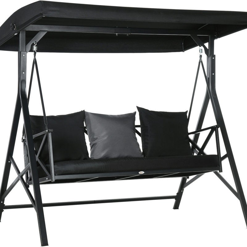 Balancelle d'extérieur pour trois adultes, noire avec parasol réglable et coussin à 3 auvents