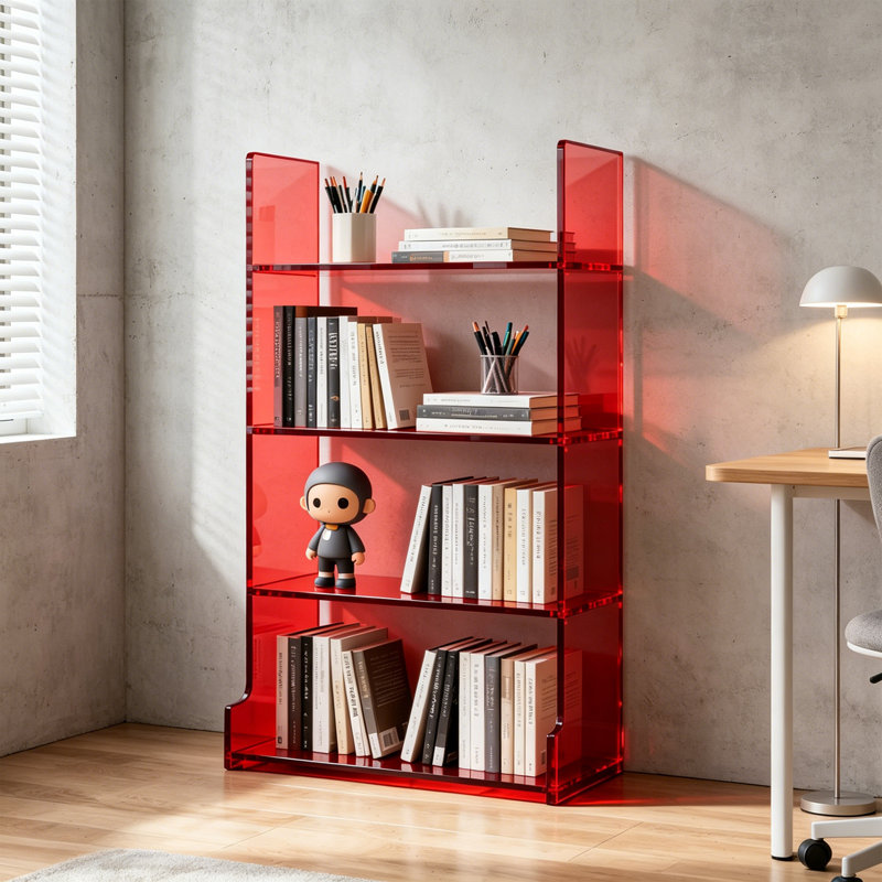 Bibliothèque rouge en acrylique transparent, (4 tablettes) H 47,24 po x l 27,56 po x P 11,81 po