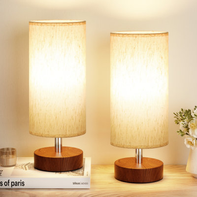 11.6'' Bedside Table Lamps with Beige Shade and Reddish-Brown Wood Grain Base