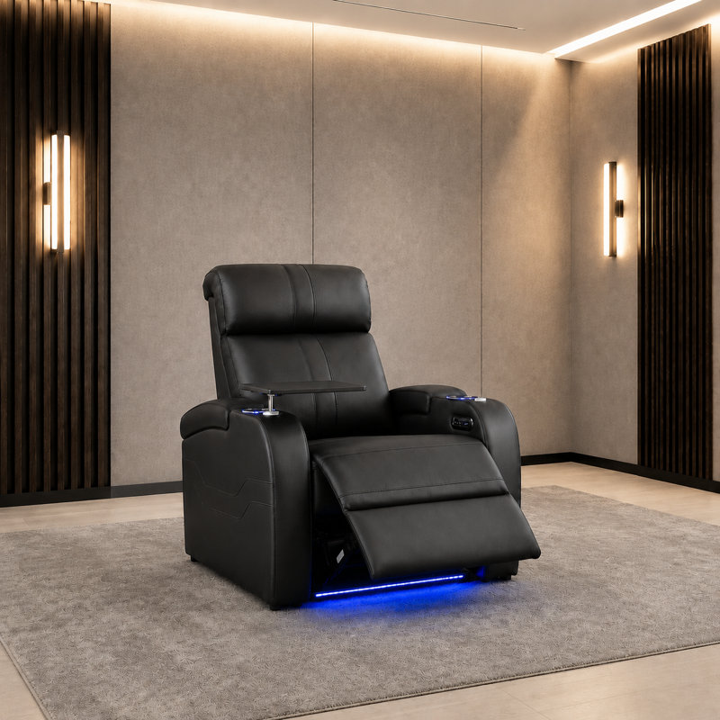 Canapé de cinéma maison inclinable électrique en cuir véritable avec lumières DEL et deux fauteuils inclinables