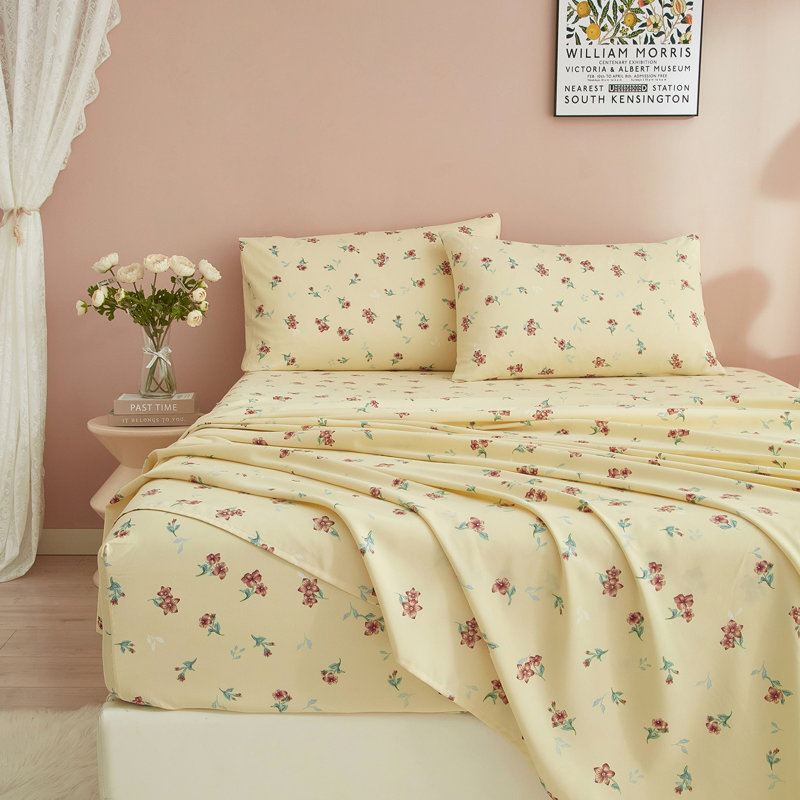 Zeta Boho Floral Printed Sheet Set, Full Sheet Set with 2 Pillowcases, Lavender