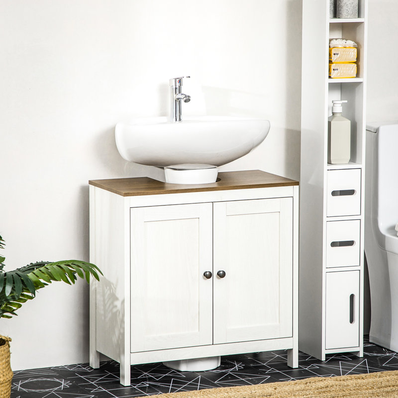Armoire de rangement sous le lavabo blanc antique, plancher, portes doubles, table de salle de bain à tablette réglable, tablette, portes