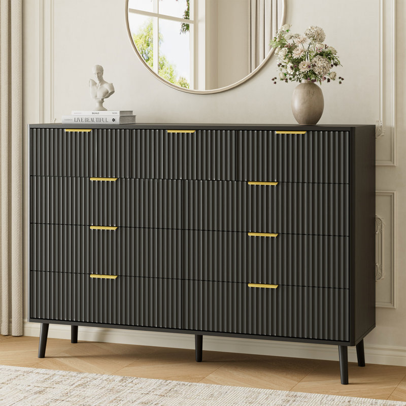 Fluted 9-Drawer Double Dresser For Bedroom, 55.1" Modern Chest Of Drawers With Deep Drawers, Curved Profile Design, Wood Drawer Organizer For Living Room, Hallway, Nursery, Hallway Closet