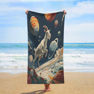 Serviette de plage surdimensionnée en microfibre légère, à séchage rapide, sans sable et ornée d'une chèvre fantaisiste sautant d'une planète. Parfait pour la piscine, le camping et les voyages. Dimensions : 76 x 152 cm.
