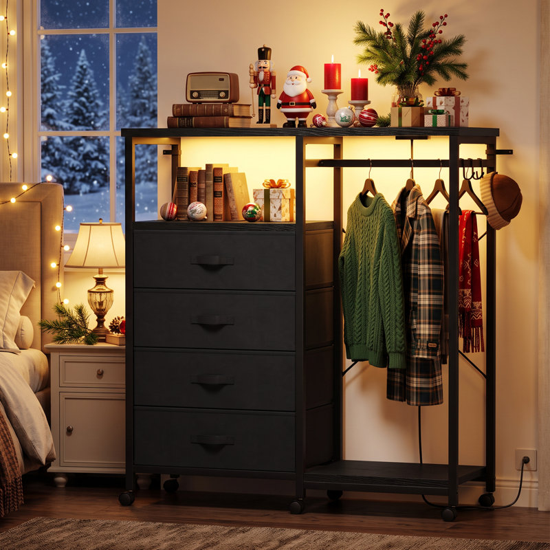 Commode 4 tiroirs avec support à vêtements et station de charge Lumina, Noir