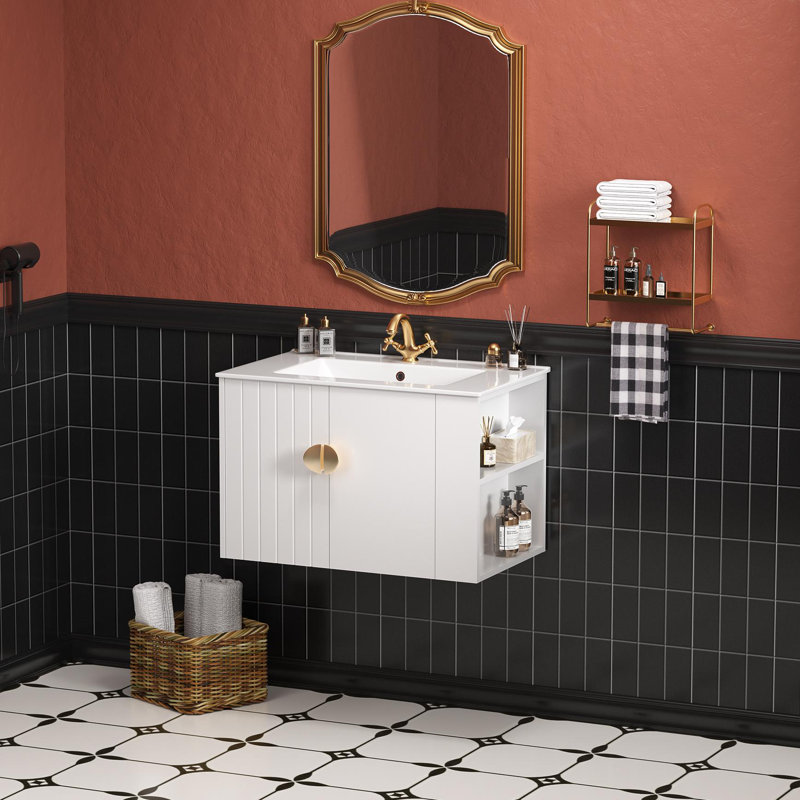 Meuble-lavabo flottant simple 30 po avec comptoir en céramique et armoire de rangement à droite, Blanc