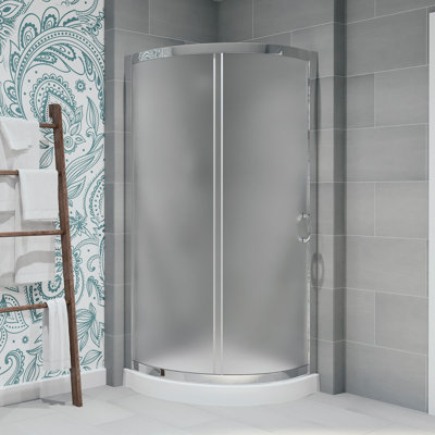 Breeze 33 in. L x 33 in. W x 77 in. H Round Corner Shower Kit in Chrome with Frosted Glass Sliding Door and Shower Base Pan (Walls not Included)