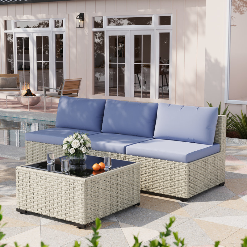 3 Pieces Design-Oriented Rattan Patio Sofa With Coffee Table, Haze Blue
