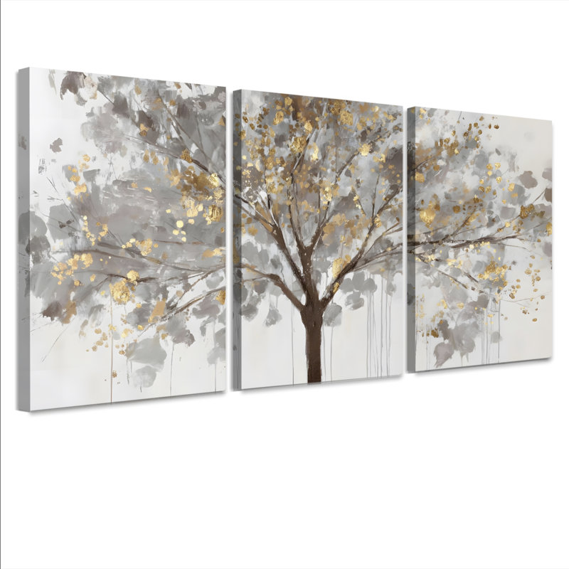 Tableau abstrait sur toile tendue représentant un arbre en fleurs dorées (ensemble de 3), H 24 po x l 48 po
