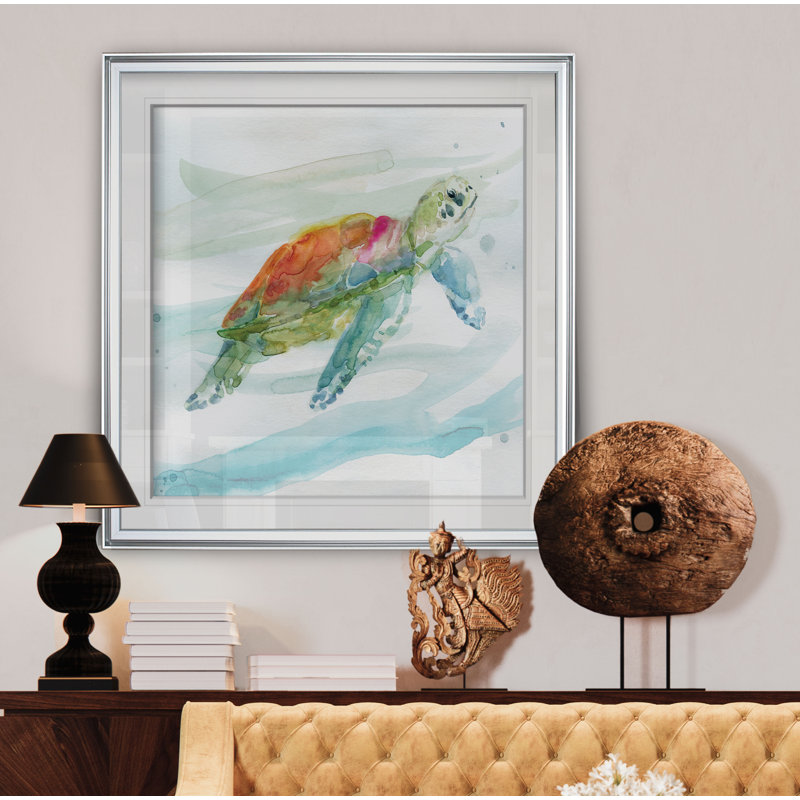 « turtle tropiques i », peinture, H 16 po x l 16 po x p 2 po, Cadre argenté