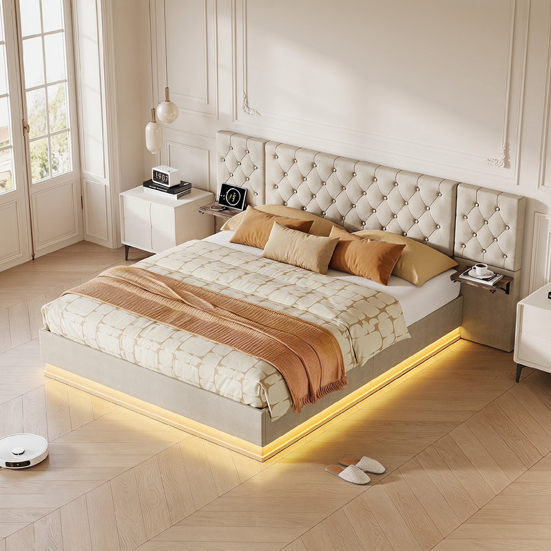 Upholstered Bed Frame, European Double (140 x 200 cm), Beige