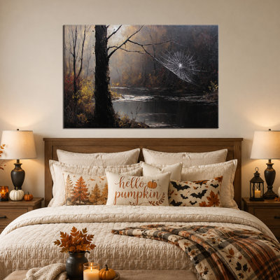 Art mural d'automne d'Halloween, décoration murale de photos d'Halloween, art mural sur toile d'Halloween, scène de rivière d'automne, style gothique pour le salon ou l'entrée, 28 po x 40 po