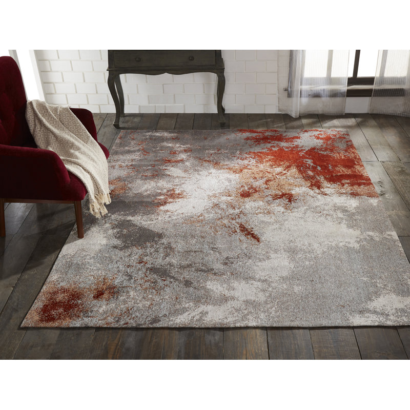 Seren Cotton Area Rug in Gray/Red/Peachy Pink, Rectangle 5'6" x 8'6"