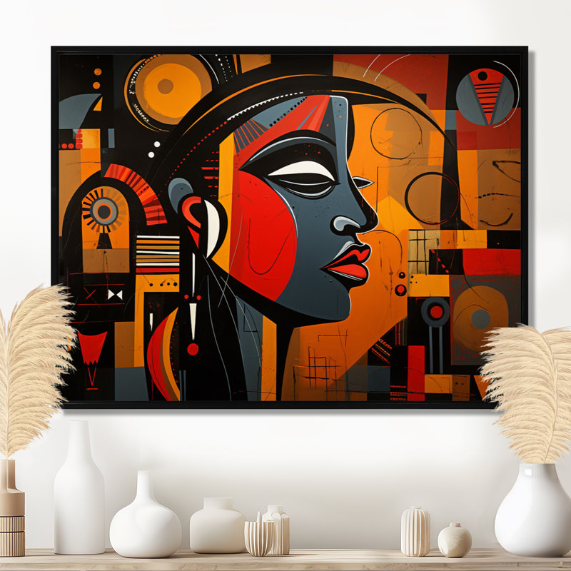 Portrait contemporain, collage géométrique - art mural africain, salon, Cadre flottant noir, H 34 po x l 44 po x P 1,5 po