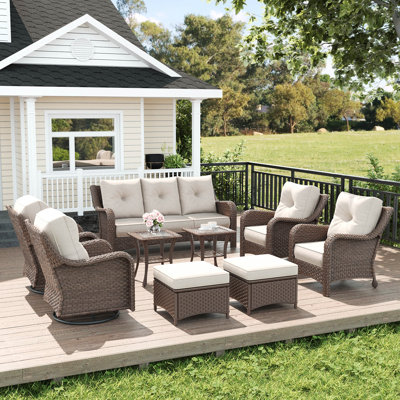 Ensemble de meubles d'extérieur en osier 9 pièces LayinSun avec coussins confortables de 6 pouces, ensemble de meubles de patio à haut dossier avec chaises berçantes pivotantes et table d'appoint