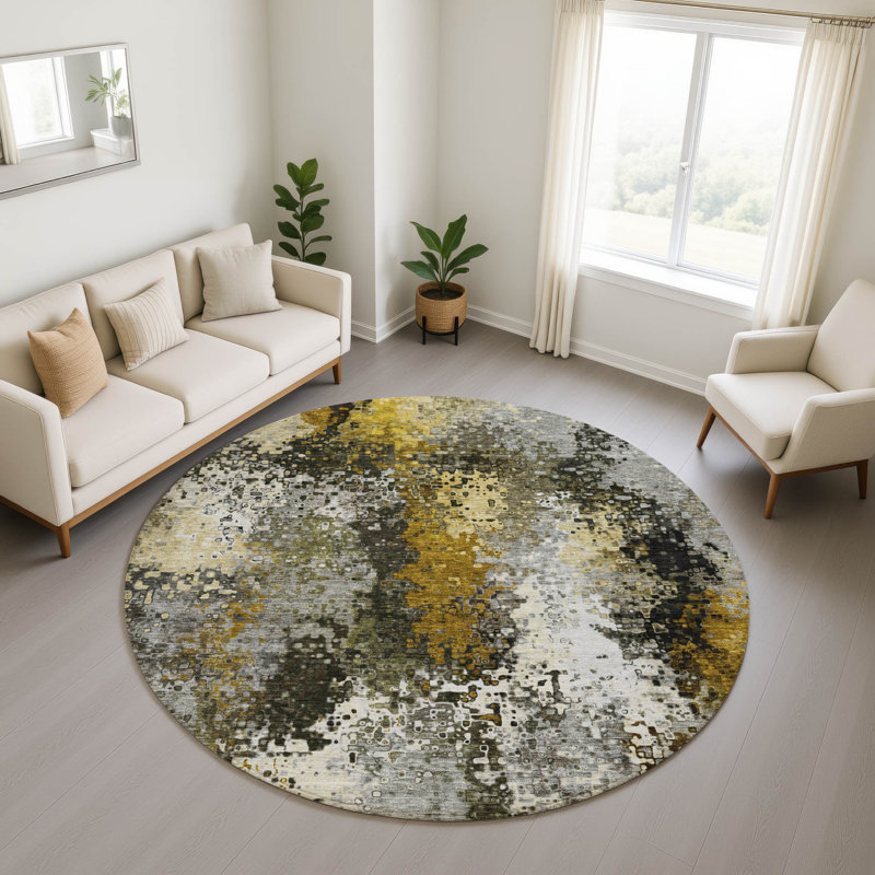 Premium Machine Washable Mayfield AMF2242 Abstract Rug, Pewter, 8' Round