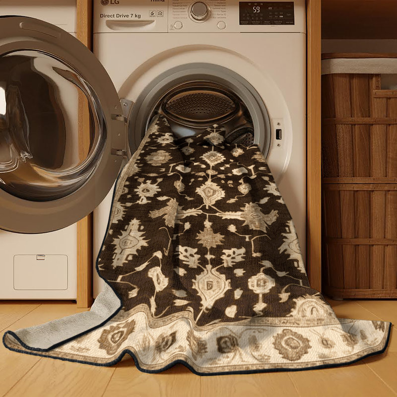 Machine Washable Overdyed Brown Area Rug, Round 7'
