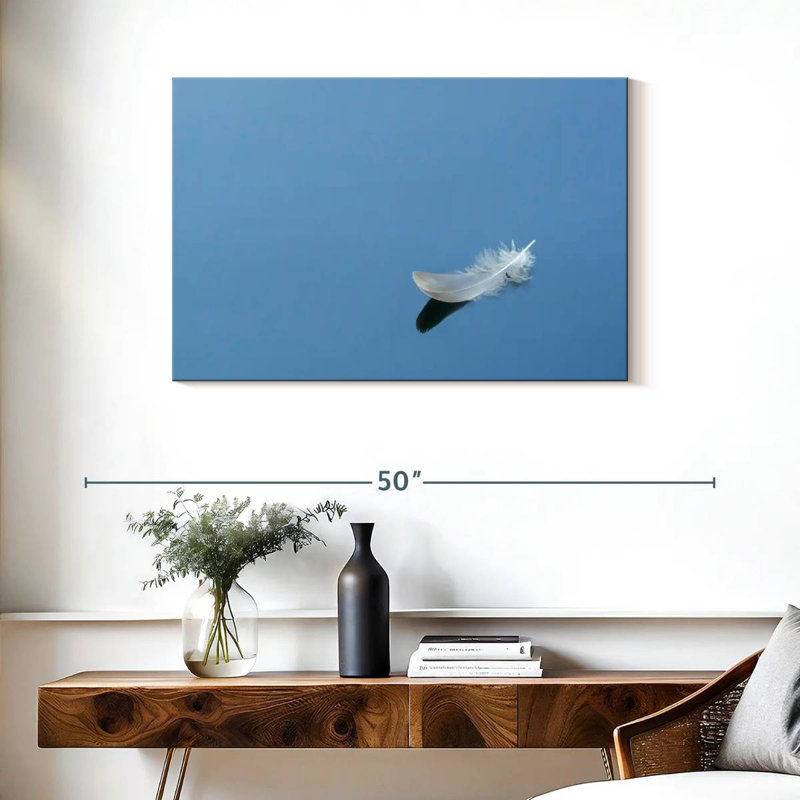 Kerner White Feather On Blue, 24" H x 36" W