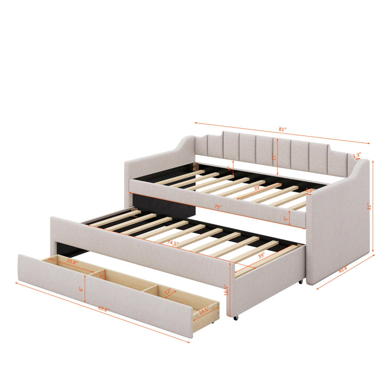 Twin Upholstered Daybed With Trundle And Drawers., Beige