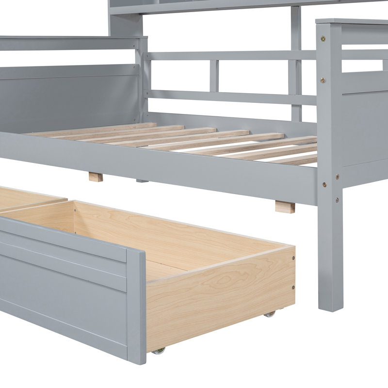 Lit de jour simple, cadre en lattes de bois massif gris, tablettes de chevet et tiroirs pour cadre utilitaire avec lattes, rangement
