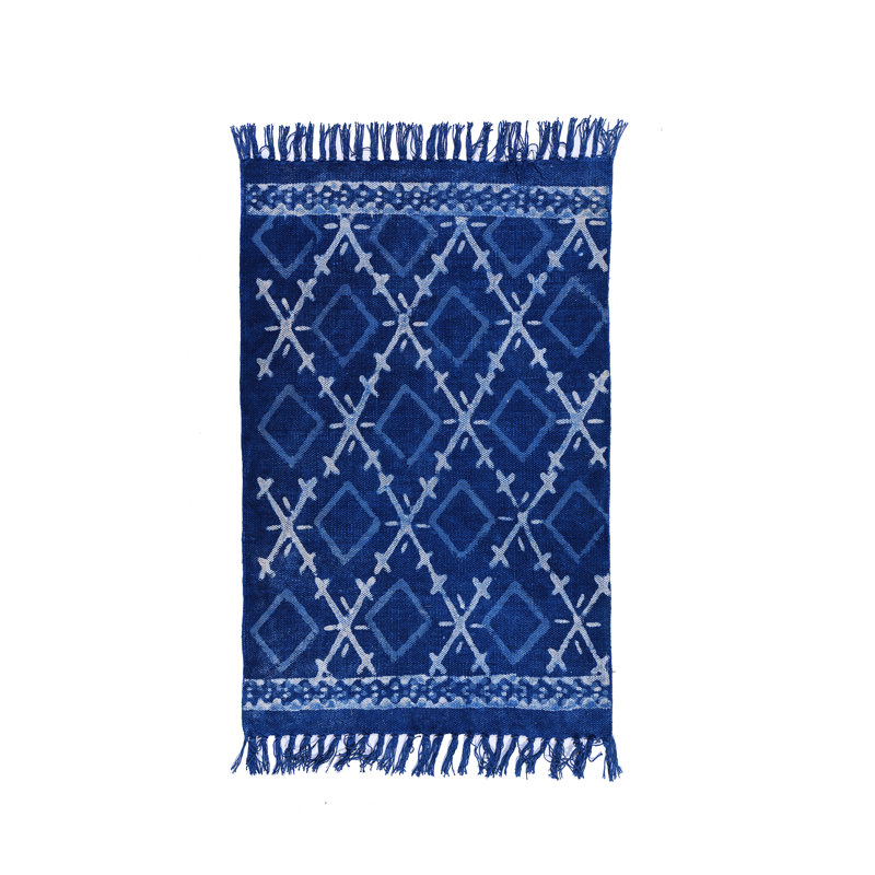 Tapis bleu en coton tissé à plat à la main à motif géométrique Crickhollow, Rectangle de 2 pi x 3 pi