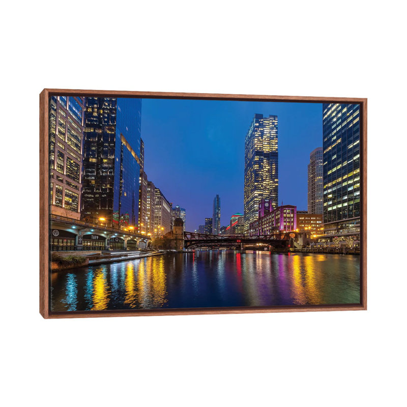 Chicago Night by Nejdet Duzen - Print on Canvas, 66.04 cm H x 45.72 cm W, Classic Brown Wood Framed