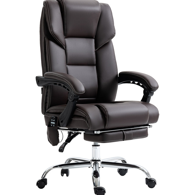 Fauteuil de bureau à 6 vibrations avec option de chauffage lombaire et hauteur réglable, repose-pieds, inclinable, massage en cuir PU brun 6 points, chauffage, siège