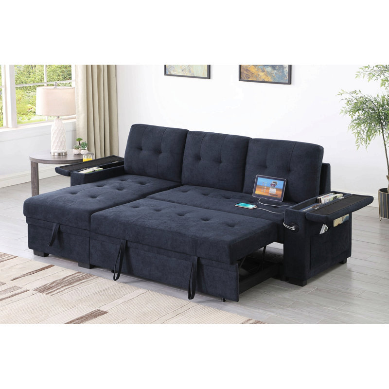 Lna 84 Inch Sectional Sofa, Pull Out Bed, Storage Chaise, USB, Dark Gray Woven Fabric