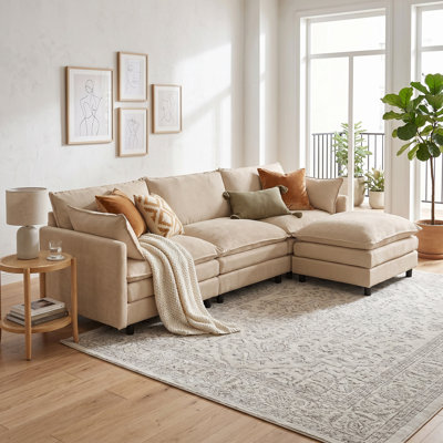 110" Modular L-Shaped Sectional Sofa, 3-Seater Chenille Cloud Couch with Movable Ottoman, DIY Combination, Medium-Soft Plush Cushions, Heavy Duty Solid Wood Frame