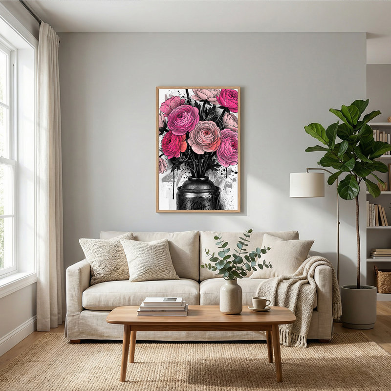 Art floral sur toile en forme de pot de fleurs roses et renoncules roses, H 24 po x l 18 po