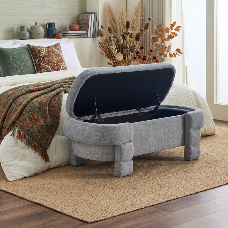 Banc de rangement ovale 49 po avec siège, banc à chaussures courbé moderne et coffre à jouets pour le salon, Gris