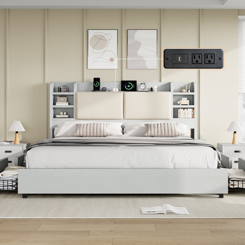 Billericay Upholstered Bed Frame With 4 Storage Drawers, Wooden Bed Frame With 47.2" Bookcase Headboard, Platform Bed With Charging Station/no Box Spring Needed,King