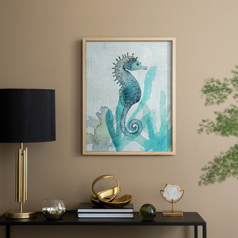 Hippocampe I, reproduction encadrée - bois massif, H 21 po x l 17 po, Naturel