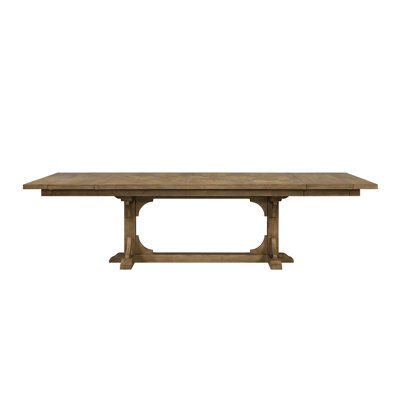 Table à tréteaux Almond, longueur 84 po, extension à 114 po, plateau de table en placage géométrique, placages, base, bois massif +, 44 po de largeur, 30 po de hauteur