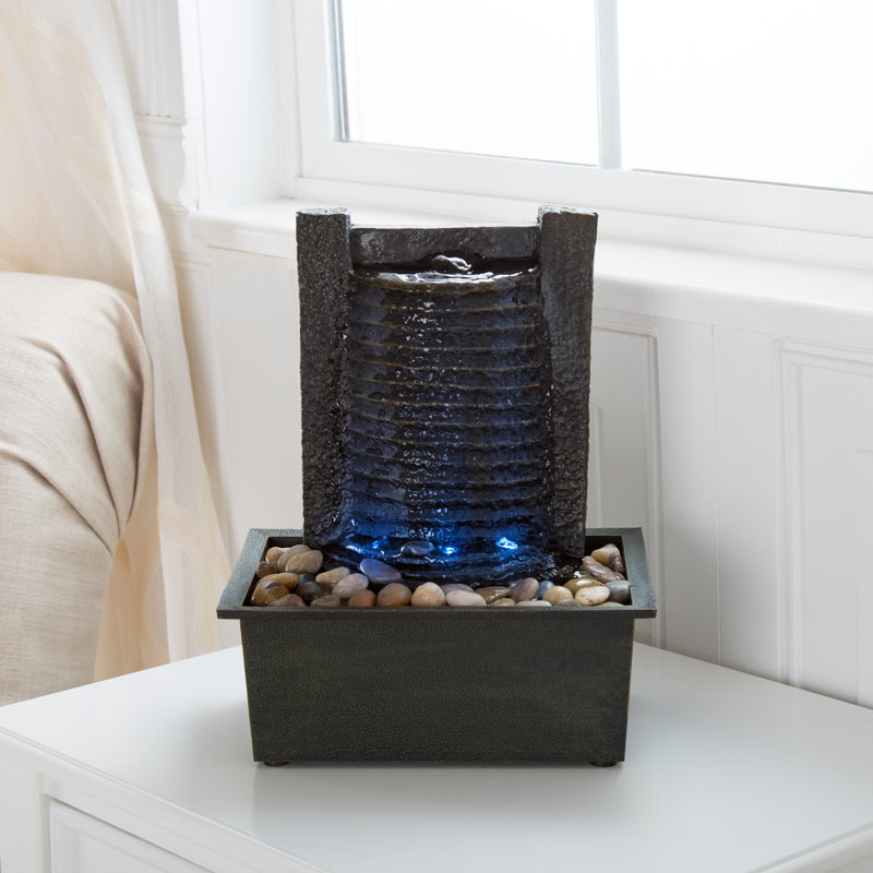 Indoor Fountain with LED Lights – Lighted Tabletop Water Feature with Stone Wall and Soothing Sound