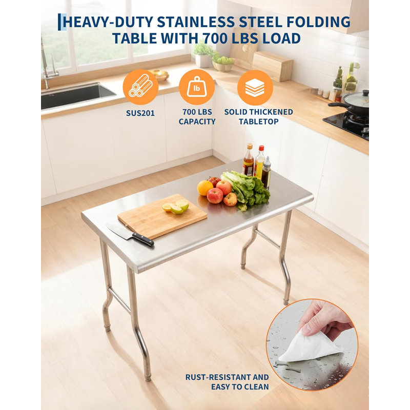 Table de préparation commerciale pliante en acier inoxydable de 48 po x 24 po pour îlot de cuisine commercial