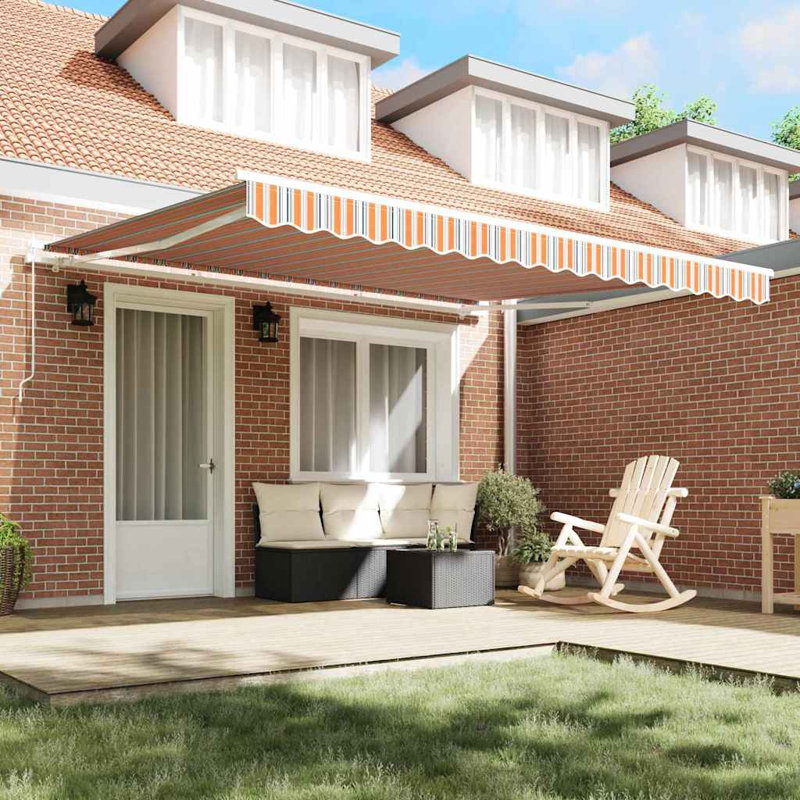 VidaXL Polyester Cover Retractable Patio Awning, 165cm H x 400cm W x 350cm D, Orange/Grey, Striped