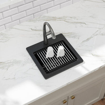 15'' L x 15'' W Quartz Drop-in Workstation Kitchen Sink, Matte Black Single Bowl Kitchen Sink with Sink Grid, Cutting Board, Strainer and Roll-up Rack.