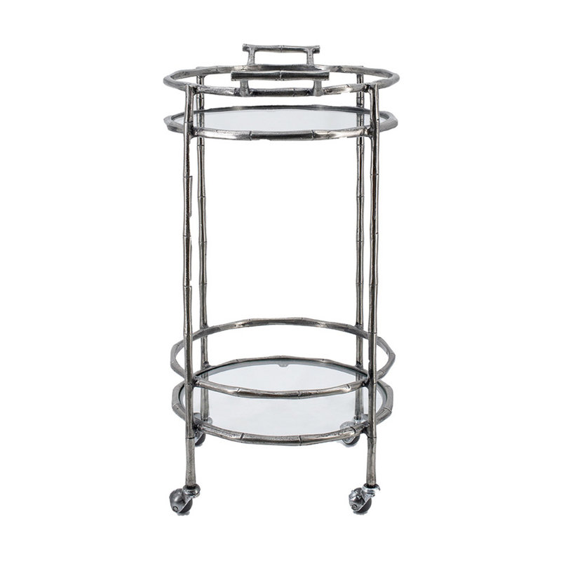 Chariot-bar roulant à 2 niveaux, tablettes en verre, métal argenté en bambou 30 po