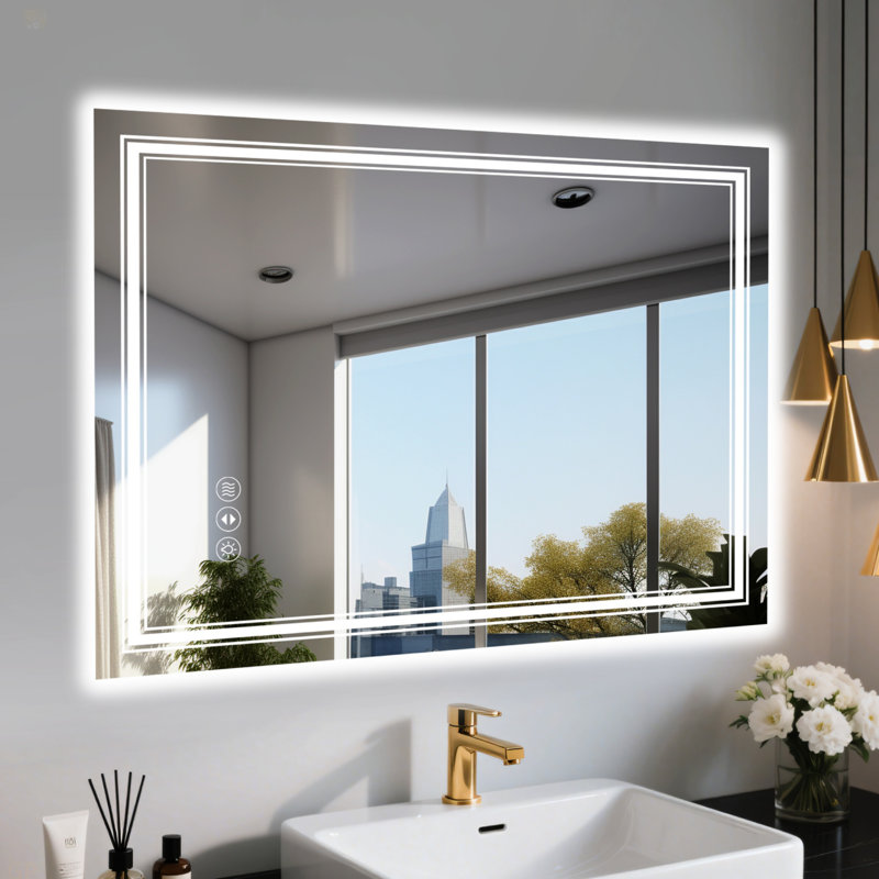 Miroir de salle de bain 48 po x 32 po à DEL sans cadre, miroir intelligent, 32,03 po x 48,03 po, Rectangulaire