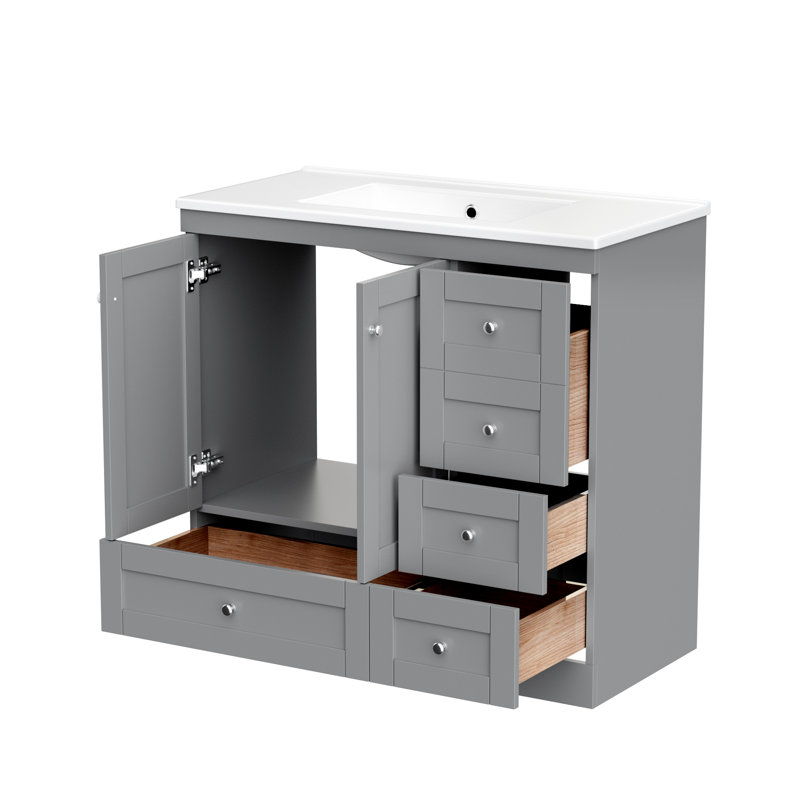 Meuble-lavabo autoportant de style shaker avec lavabo, 4 tiroirs à fermeture en douceur et 2 portes à fermeture en douceur