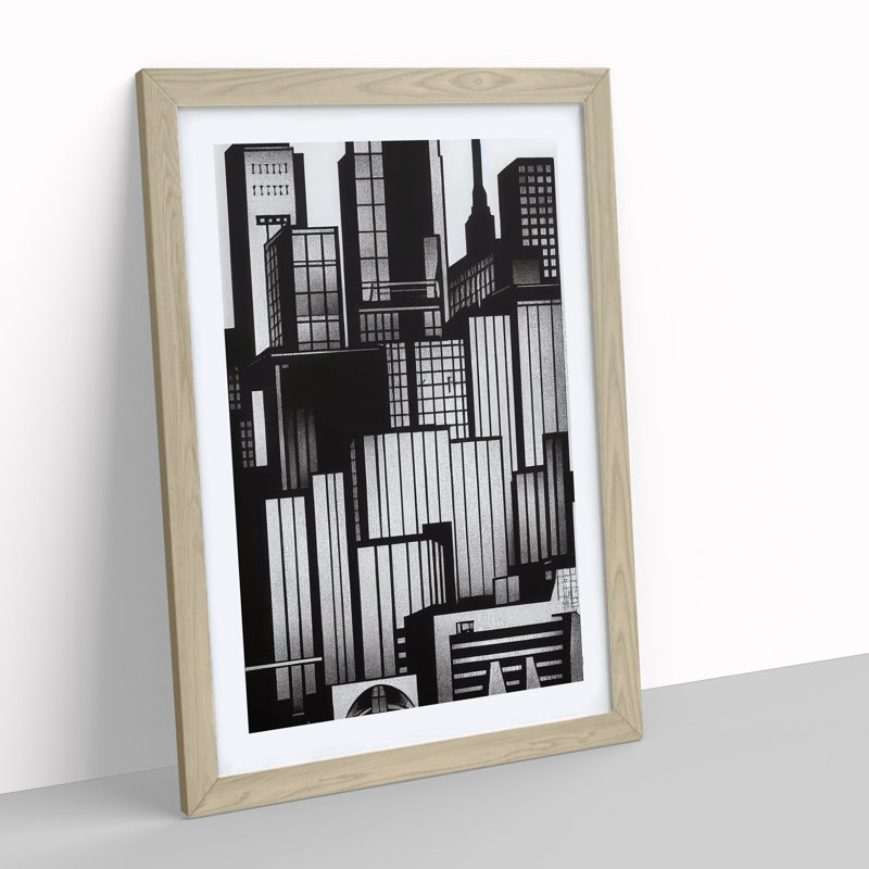 Monochrome City Skyline - Wall Art, 46cm H x 34cm W x 2cm D, Oak Framed