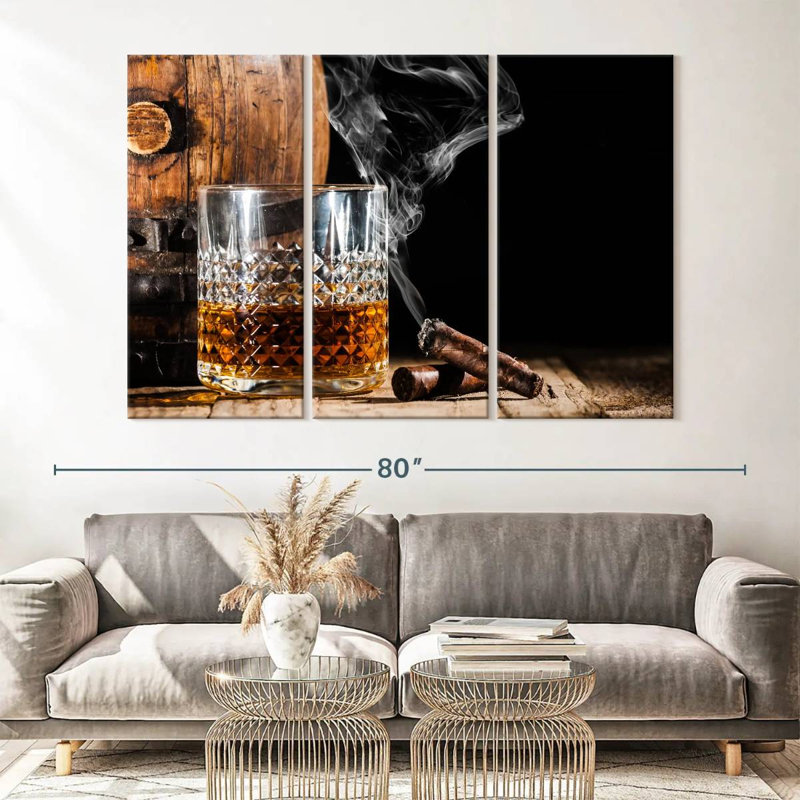 " Bourbon Barrel and Cigar " 3 Piece Art Set, 42" H x 65" W x 1.25" D
