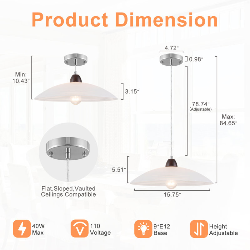 1-Light Walnut and Chrome Pendant Light with Ribbed Milk White Glass Shade, E26 Socket, Adjustable Hanging Cord