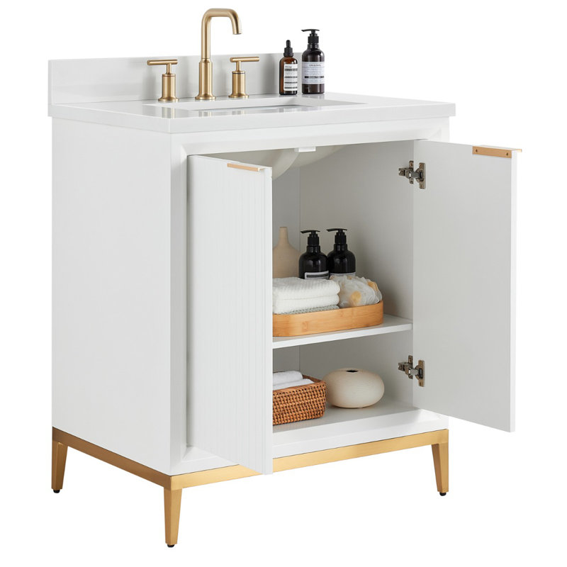 Bungalow 30" Freestanding Standard Single Bathroom Vanity with Top, White/Gold