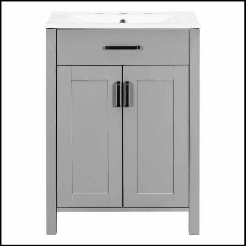 Ensemble de meuble-lavabo de 24 pouces avec lavabo en céramique, portes à fermeture douce et grand espace de rangement pour les espaces compacts