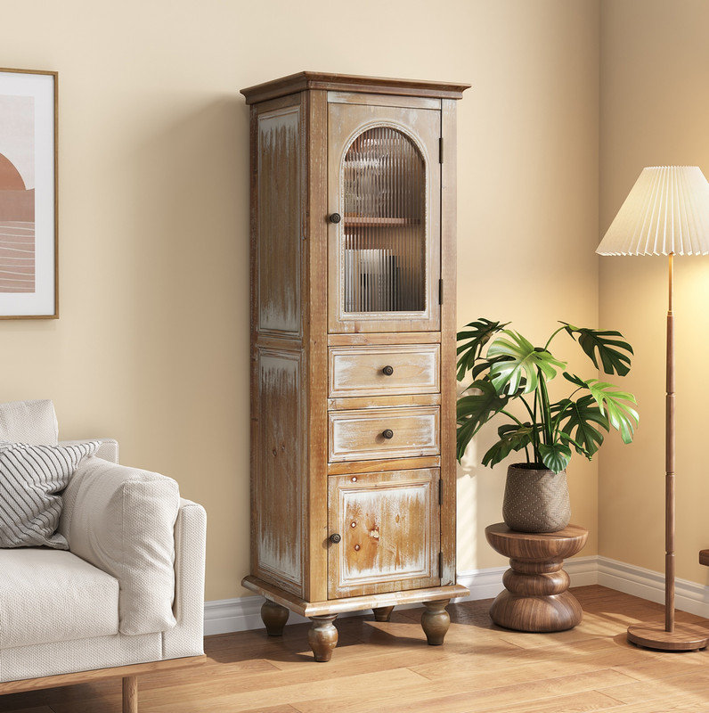 Armoire de rangement étroite antique de style campagnard blanc, armoire à linge en bois rustique avec 2 tiroirs et 2 portes, organisateur de plancher autoportant pour salle de bain, salon, couloir et cuisine
