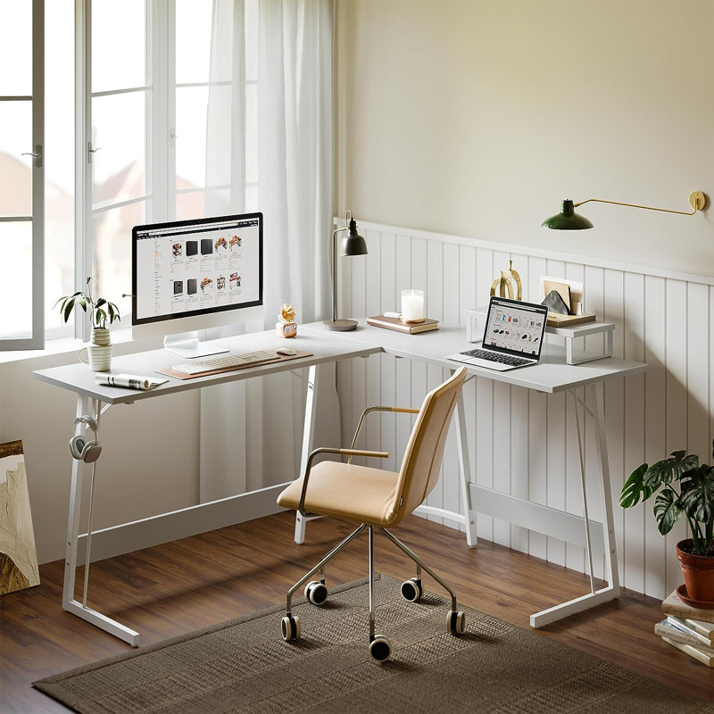Bureau d'écriture en L Shela, H 28,62 po x l 47,24 po x P 17,7 po, Blanc et blanc